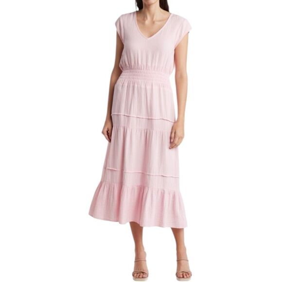 Maisie Gauze Smocked Midi Dress In Pink - Picture 1 of 8
